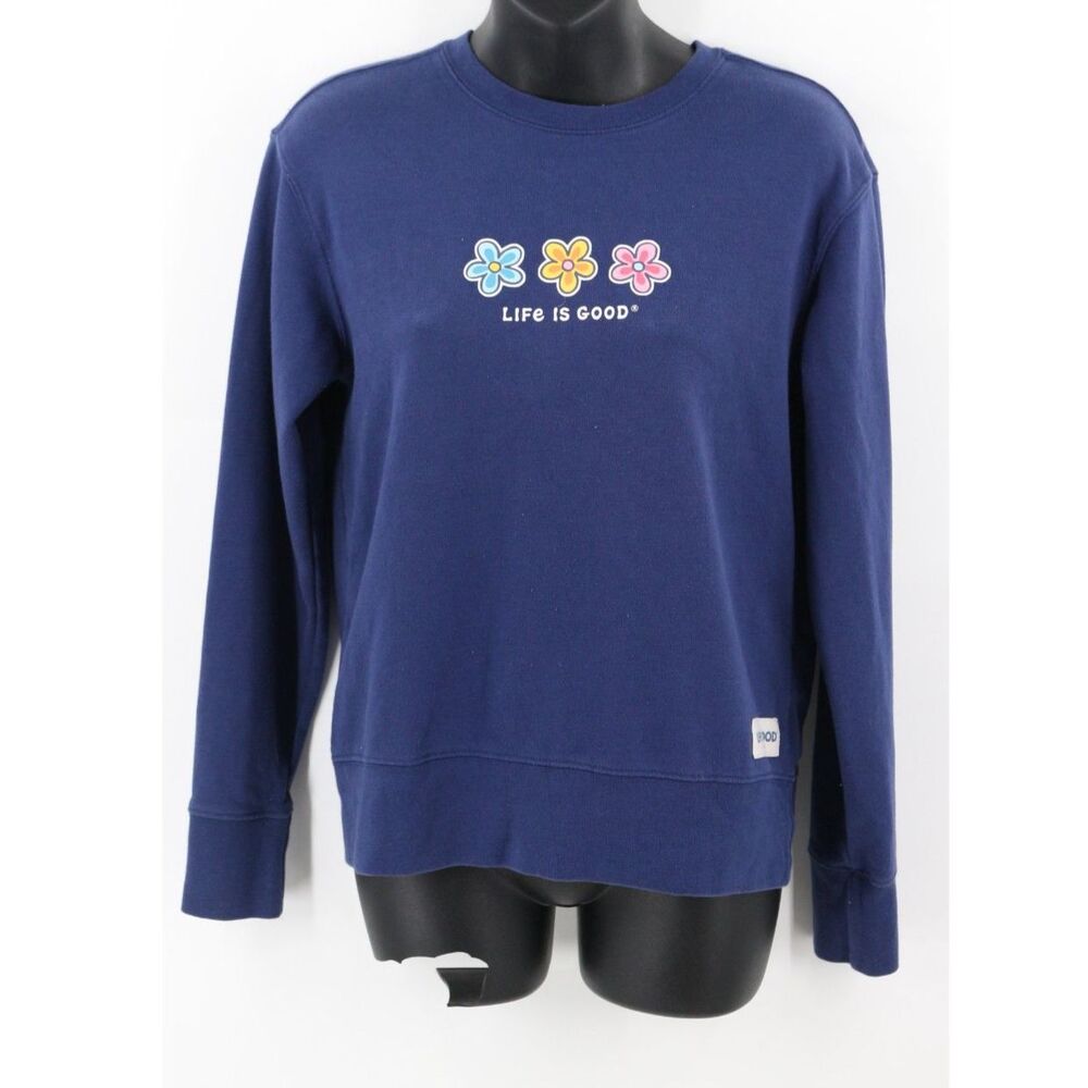 Life is Good Womens Crewneck Pullover Sweatshirt Size Small Daisy Print Blue